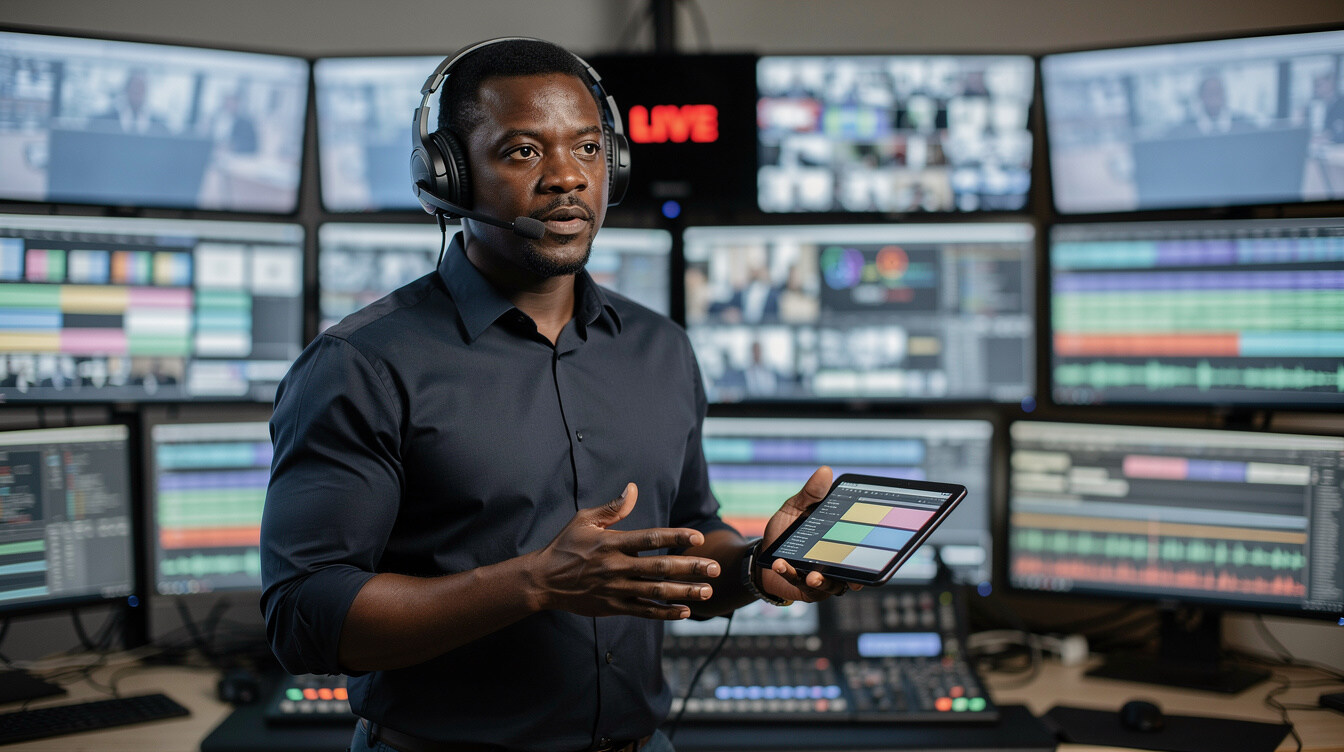 Production manager coordinating a live broadcast schedule