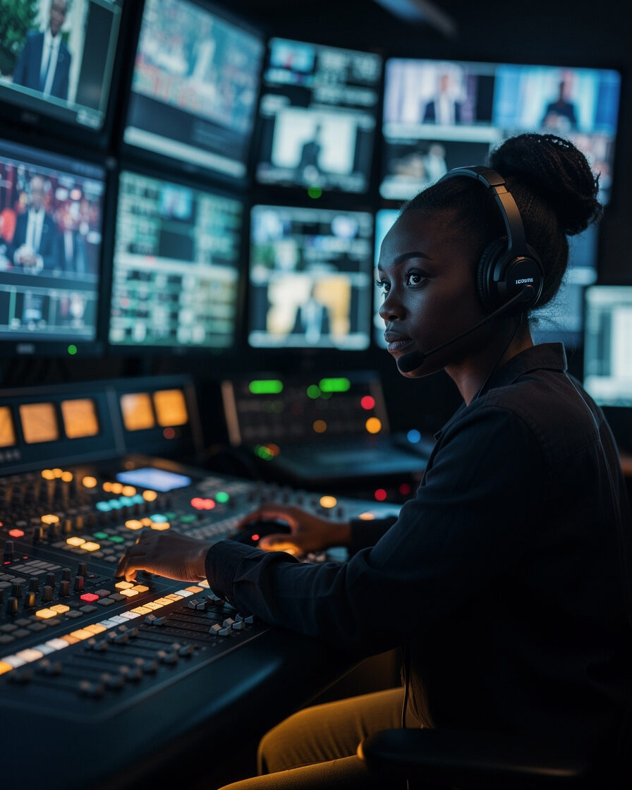 Broadcast operator switching cameras in a live television control room
