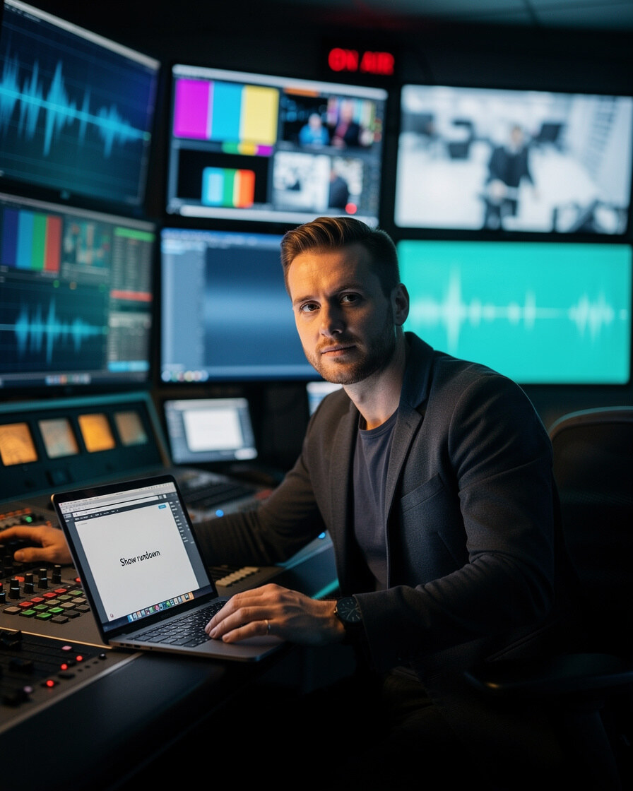 Broadcast professional checking updates on a laptop in a control room