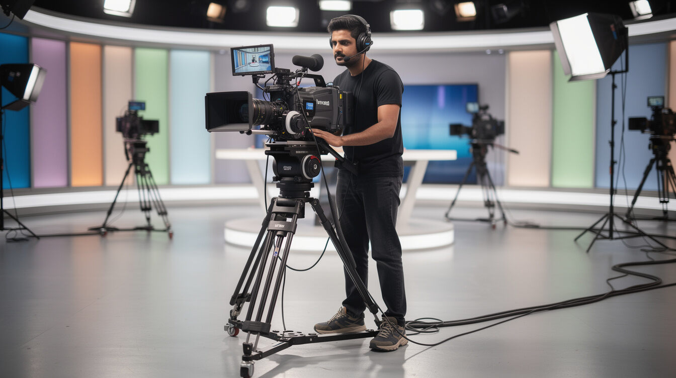 Camera operator filming on a television studio set