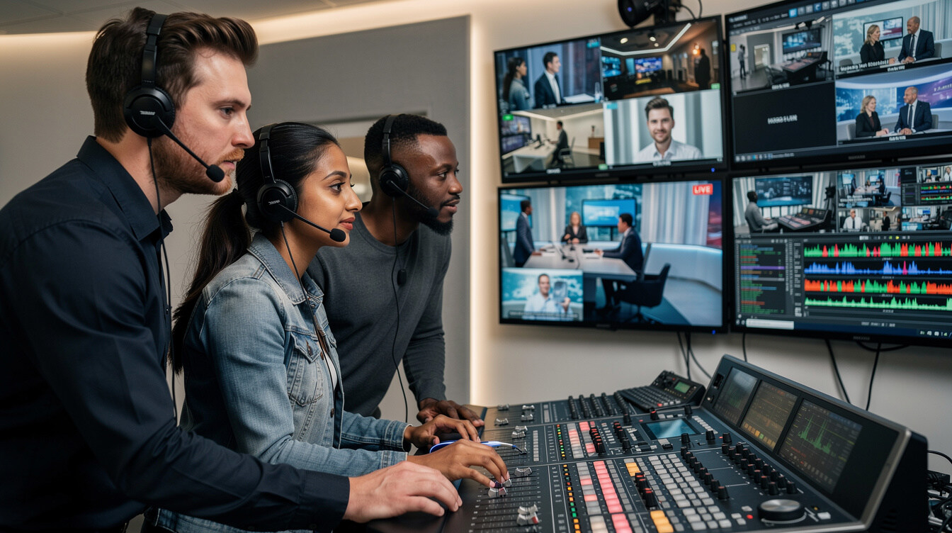 Production crew collaborating around a broadcast switcher panel