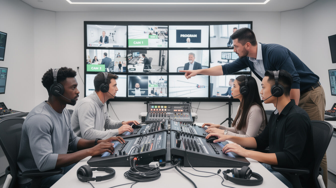 Students training on a live multi-camera production set