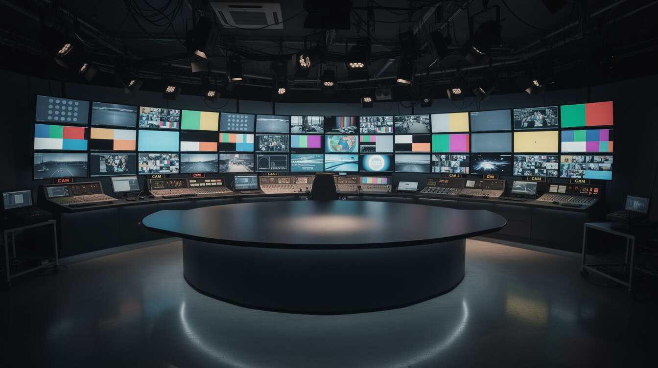Wide view of a television gallery with rows of monitors