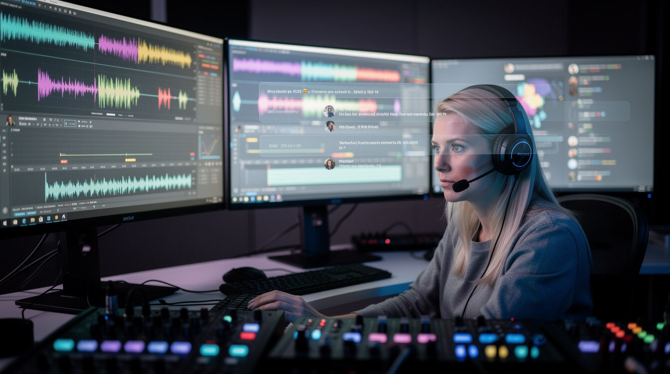 Producer monitoring a live streaming dashboard on multiple screens